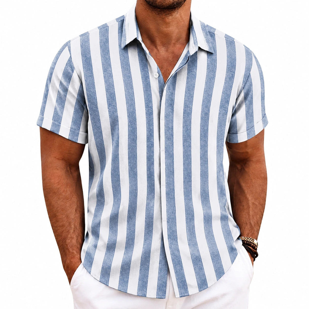 Camicia uomo M in tessuto azzurro e bianco a righe verticali manica corta stile casual