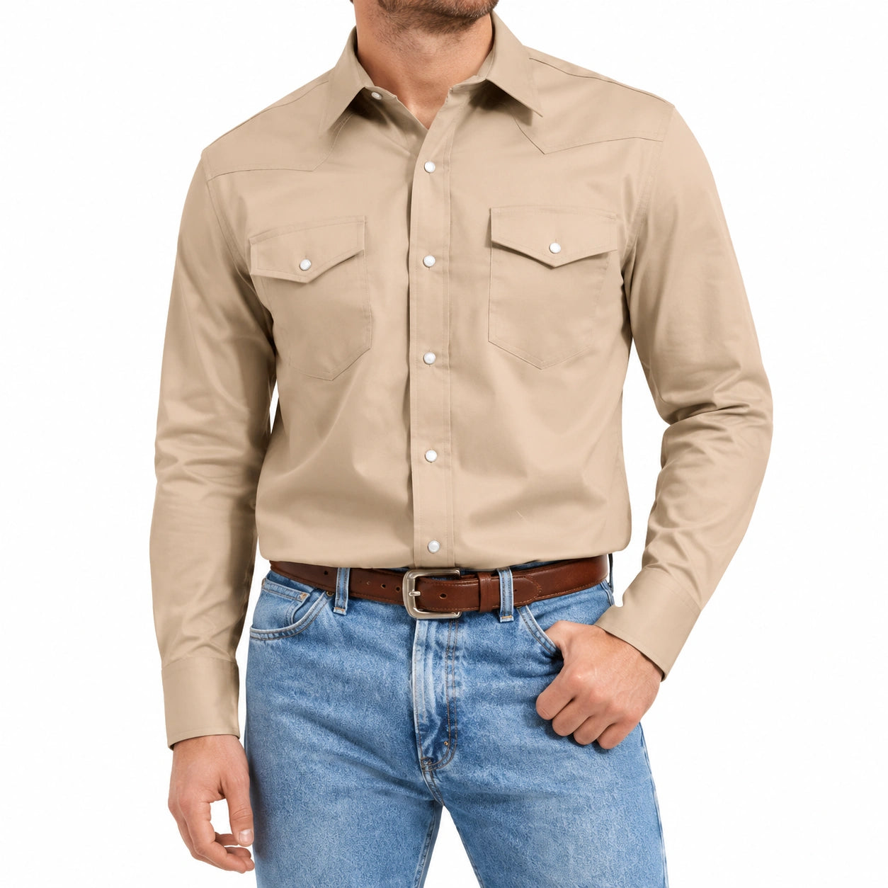 Camicia uomo taglia L in cotone beige a maniche lunghe stile western