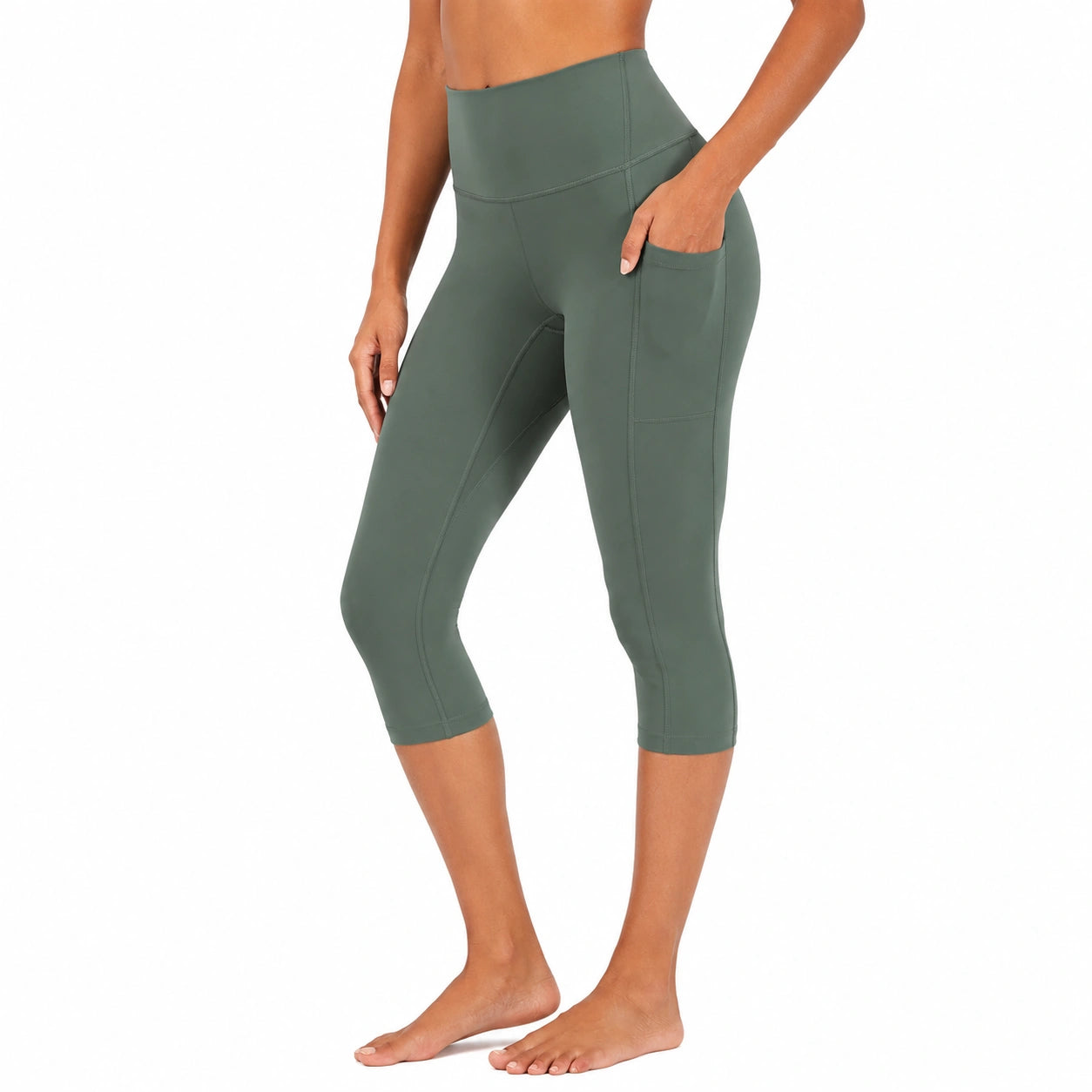 Leggings Capri Donna Taglia M in Tessuto Elasticizzato Verde Salvia - Vita Alta con Tasca Laterale