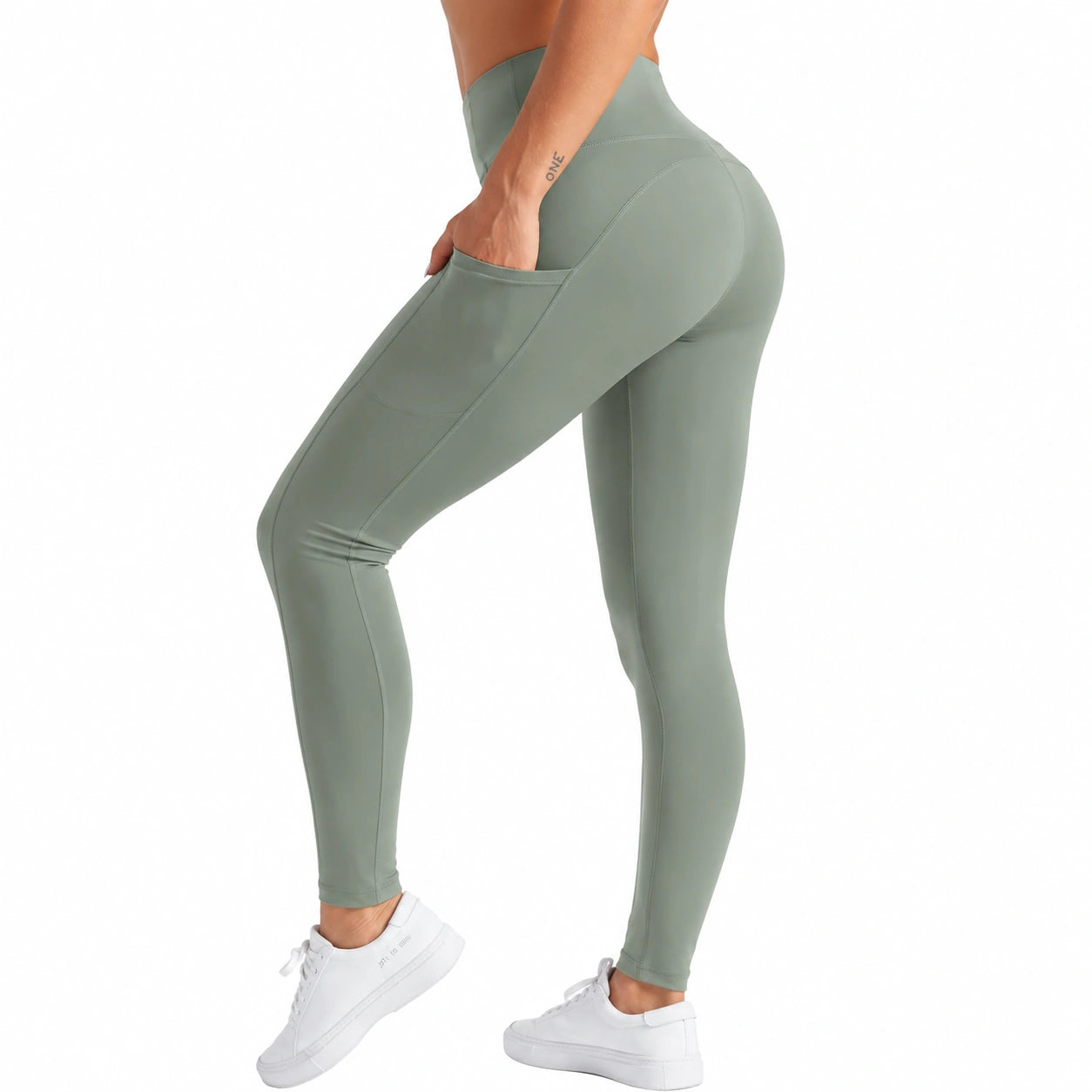 Leggings donna M in tessuto elasticizzato verde salvia a vita alta per allenamento