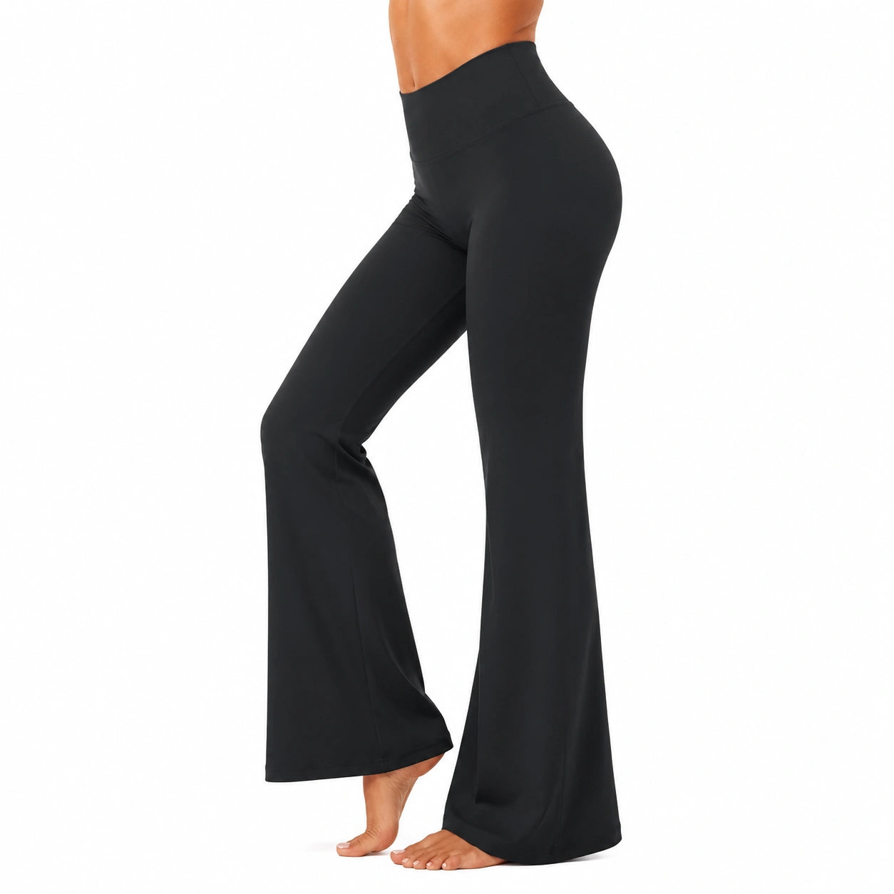Pantaloni yoga donna taglia S in tessuto elasticizzato nero a vita alta svasati