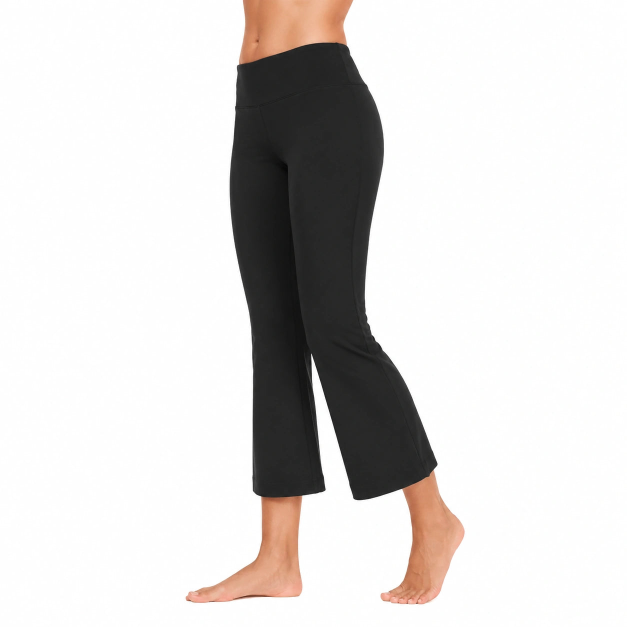 Pantaloni donna taglia S neri in tessuto elasticizzato a vita alta con gamba svasata