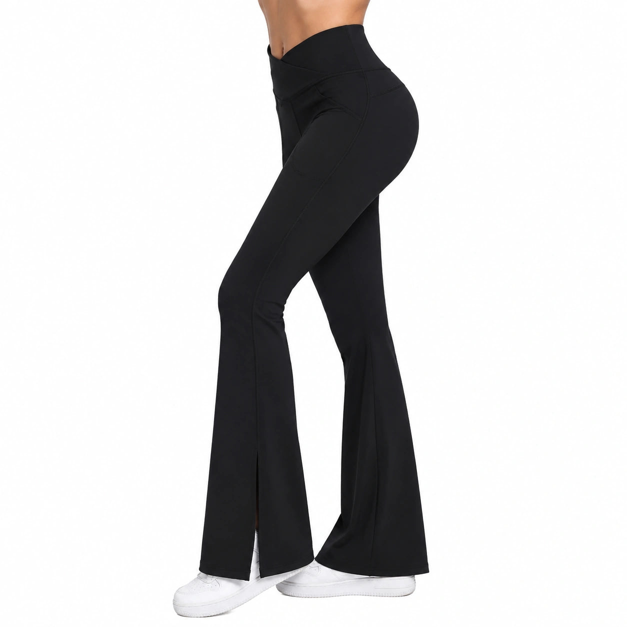 Pantaloni donna taglia S neri in tessuto elasticizzato a zampa per attività sportive