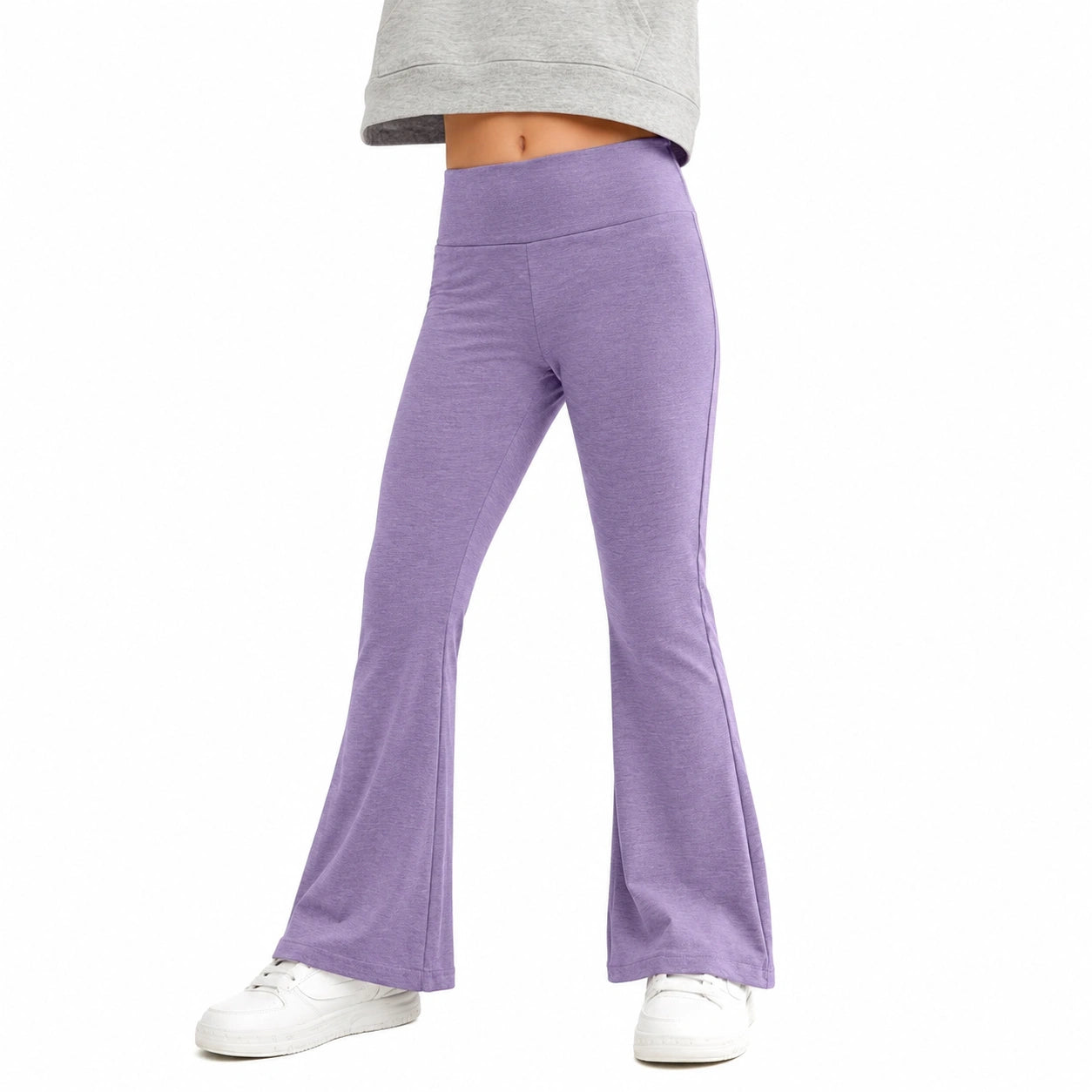 Pantaloni donna taglia M in tessuto elasticizzato lilla a vita alta con gamba svasata