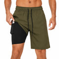 Pantaloncini sportivi uomo M in tessuto sintetico verde oliva e nero - 2 in 1 con tasca portacellulare