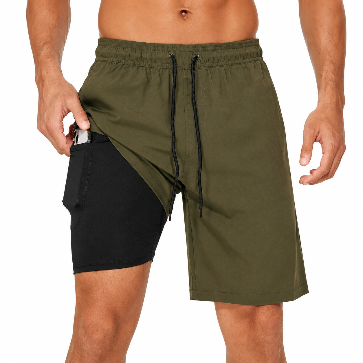 Pantaloncini sportivi uomo M in tessuto sintetico verde oliva e nero - 2 in 1 con tasca portacellulare