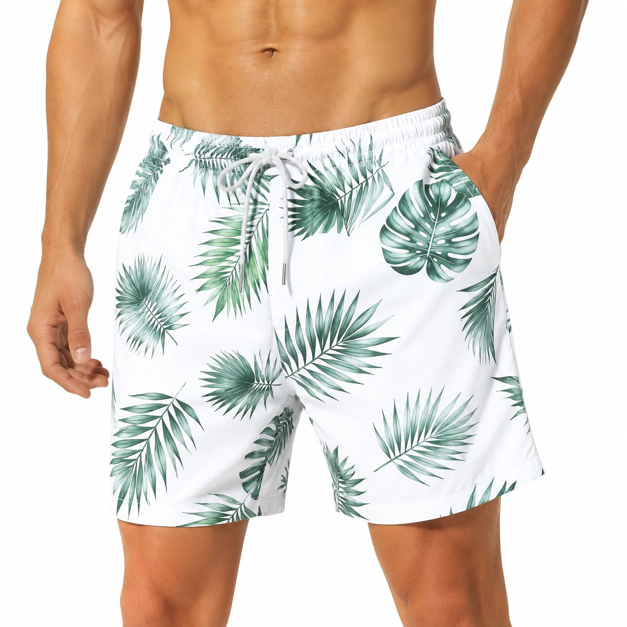 Costume da bagno uomo taglia L bianco e verde in tessuto sintetico con stampa tropicale e tasche