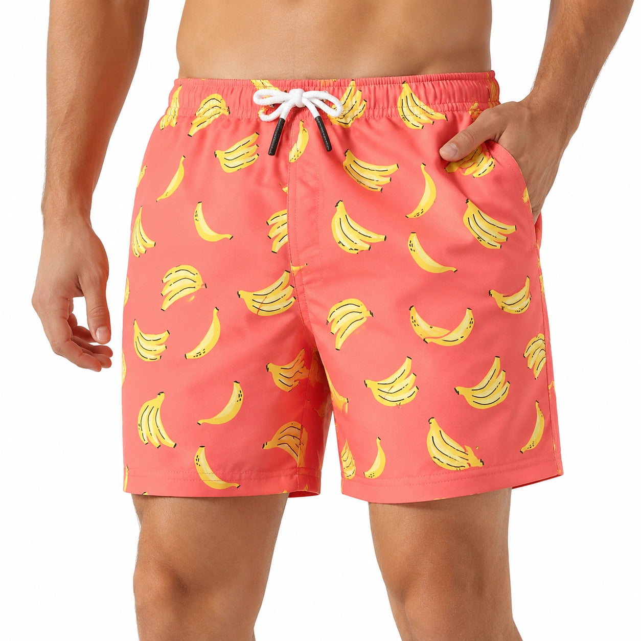 Costume da bagno uomo taglia L in tessuto sintetico rosa con stampa banane e coulisse