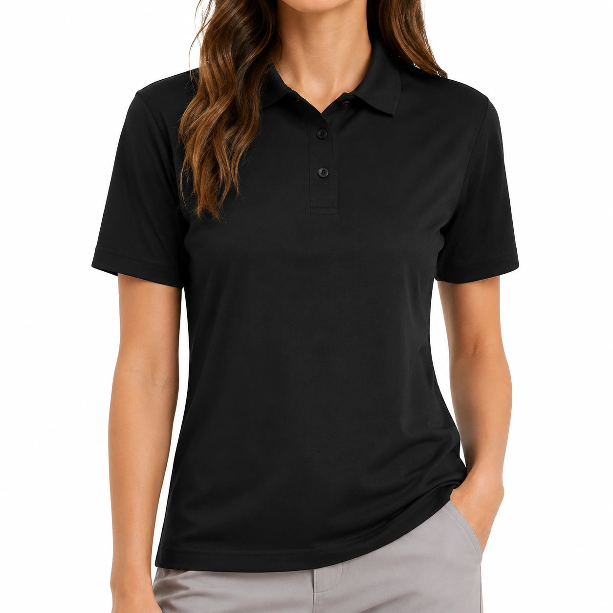 Polo donna M nera a maniche corte in tessuto liscio stile casual