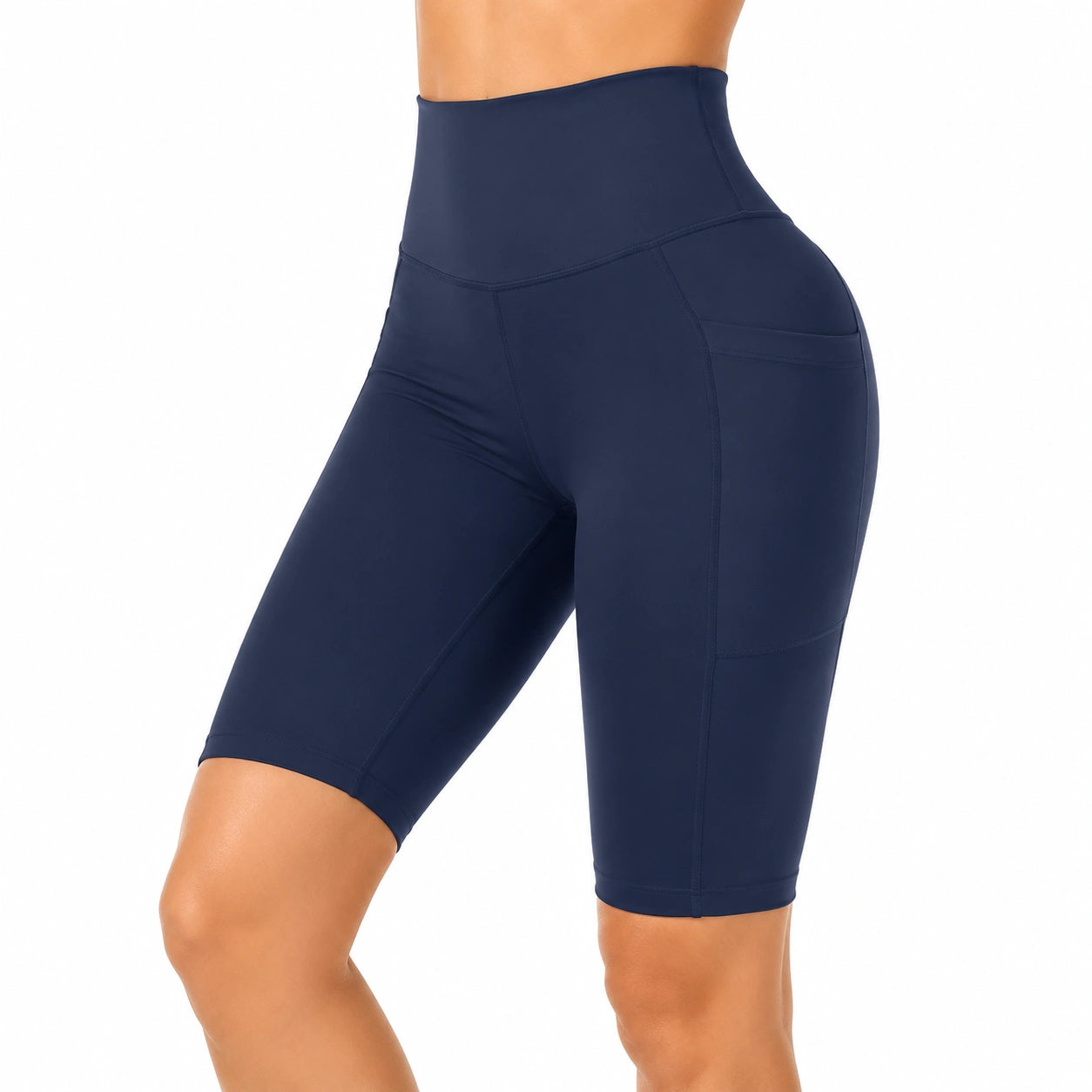 Shorts ciclista donna taglia S in tessuto elasticizzato blu navy a vita alta con tasche