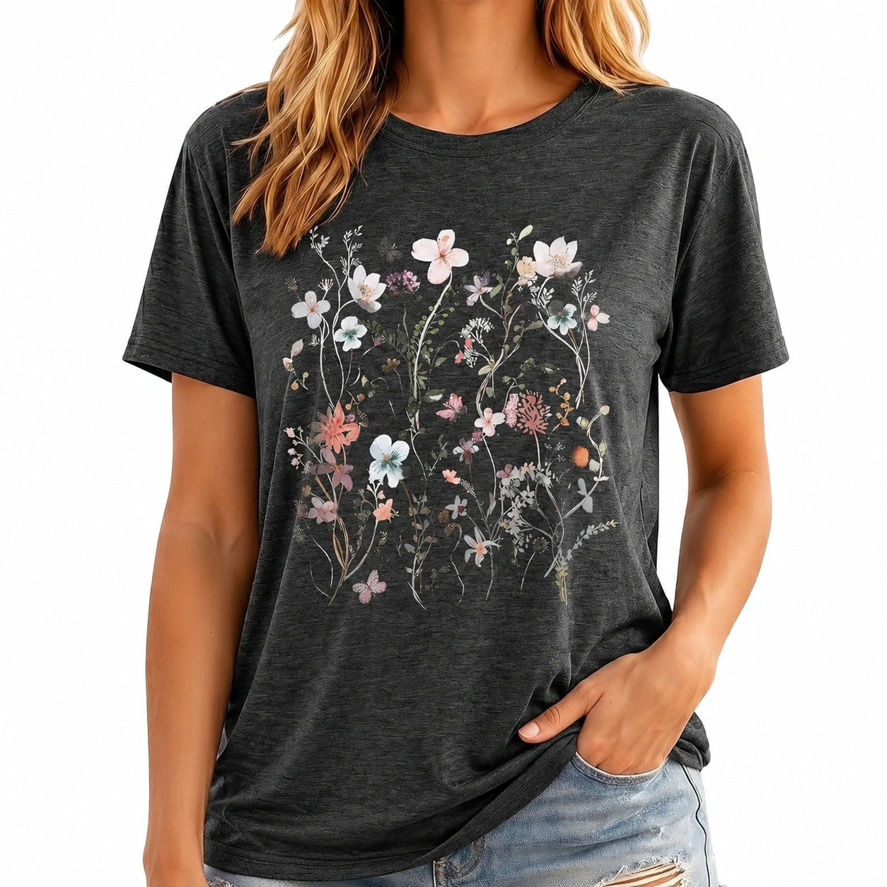 T-shirt donna taglia S in tessuto nero con stampa floreale - maniche corte girocollo casual