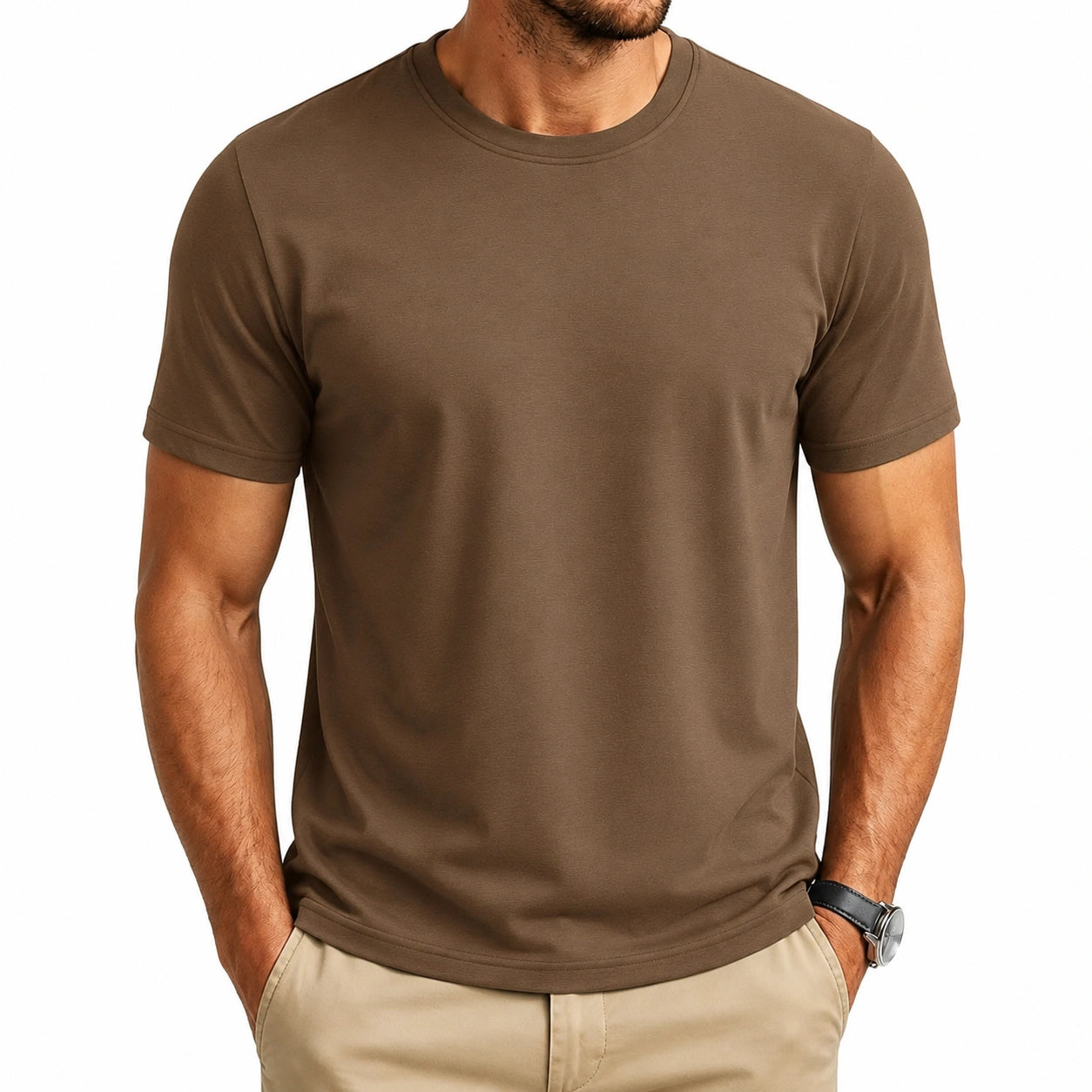 T-shirt da uomo M marrone a maniche corte tinta unita girocollo